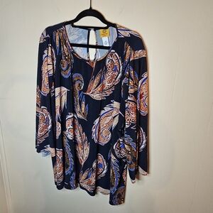 Ruby Rd. 3X Blue And Orange Paisley Pleated Texture Long Sleeve Blouse